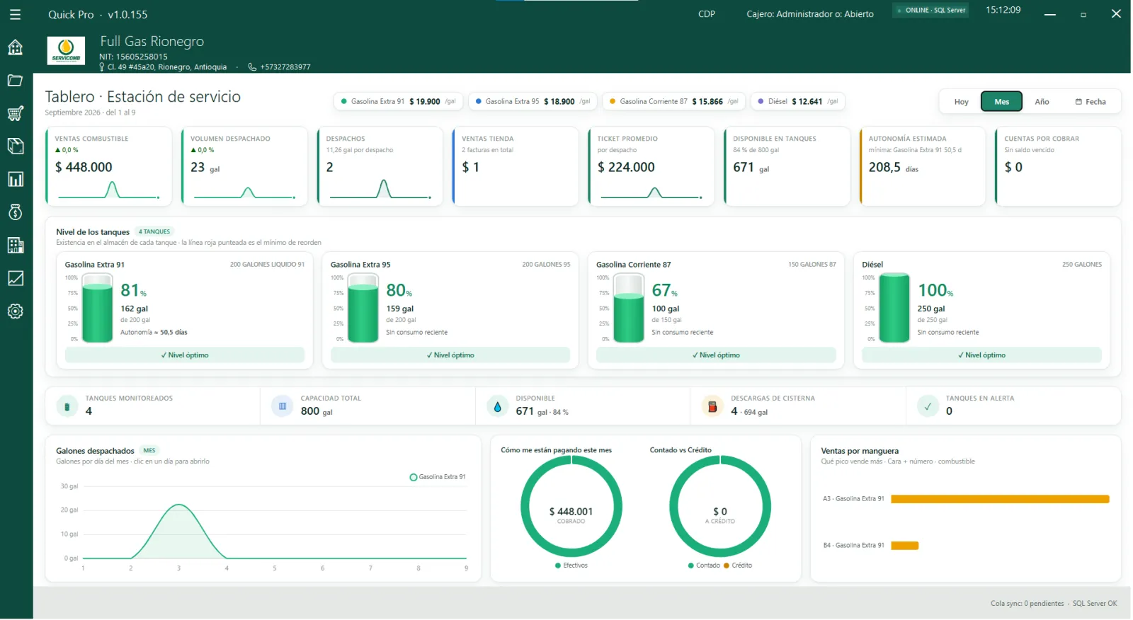 Quick Pro Estación de Servicio — Tablero con ventas, nivel de tanques y autonomía