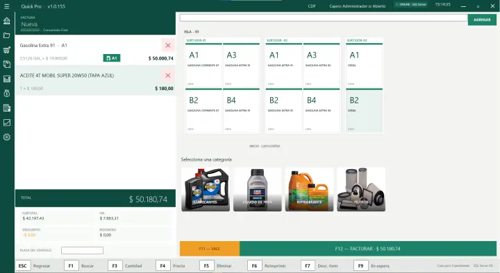 POS de Quick Pro: venta de combustible por manguera y productos de tienda