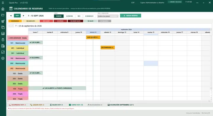 Calendario de reservas por habitación con vista semanal y estados por color