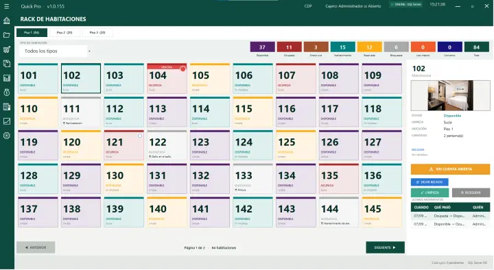 Rack de habitaciones por piso con estados por color