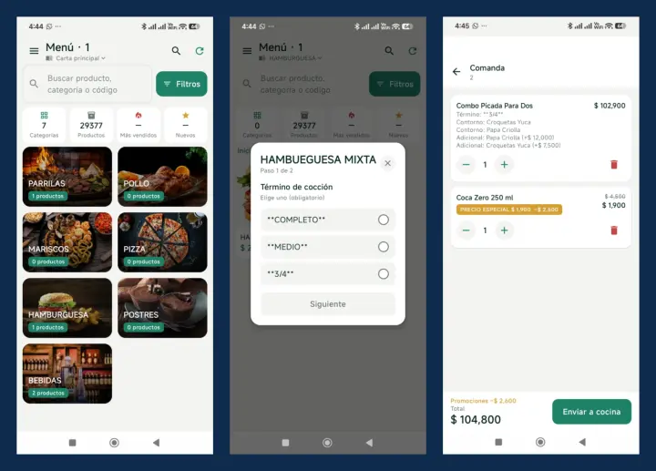 Comanda móvil: carta con fotos, término de cocción y envío a cocina desde el celular