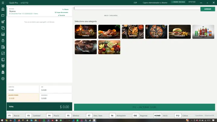 POS del restaurante con categorías de comida con foto
