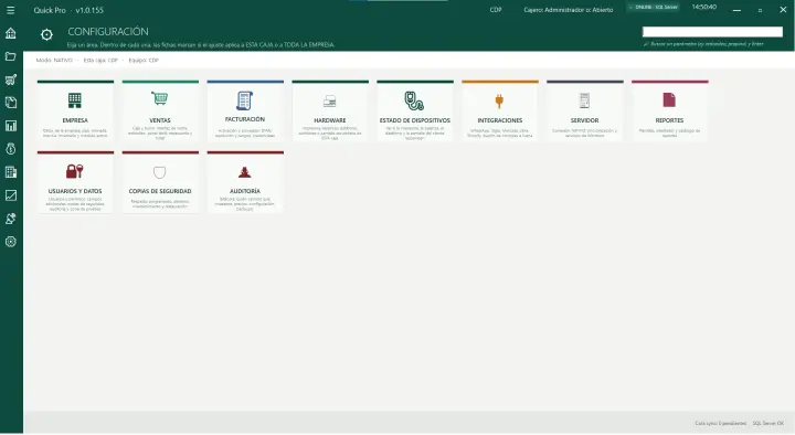 Configuración de Quick Pro: hardware, integraciones, usuarios, copias y auditoría