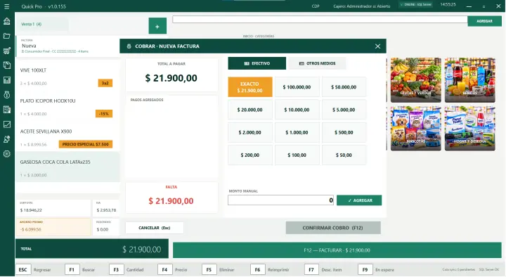 Pantalla de cobro con denominaciones de efectivo y otros medios de pago