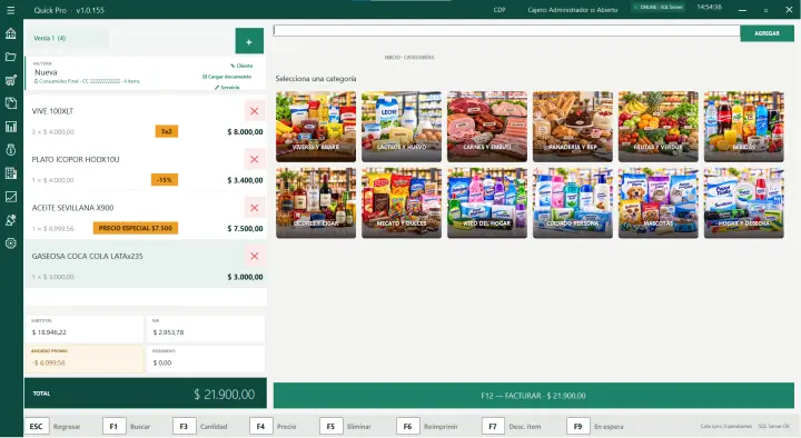 POS de Quick Pro con panel de categorías y promociones 3x2 aplicadas