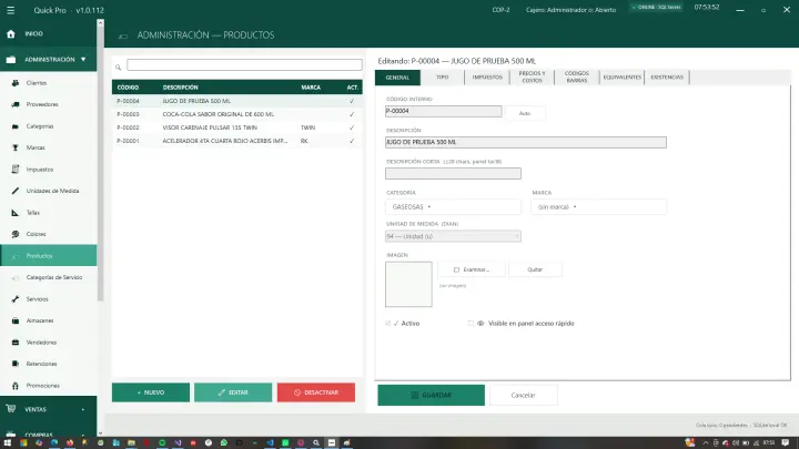 Ficha de producto con impuestos, precios, códigos de barras y existencias