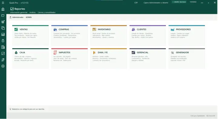 Categorías de reportes de Quick Pro con generador y exportación